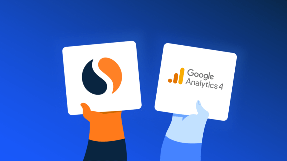 Illustration of hands holding up cards with the Similarweb and Google Analytics 4 logos