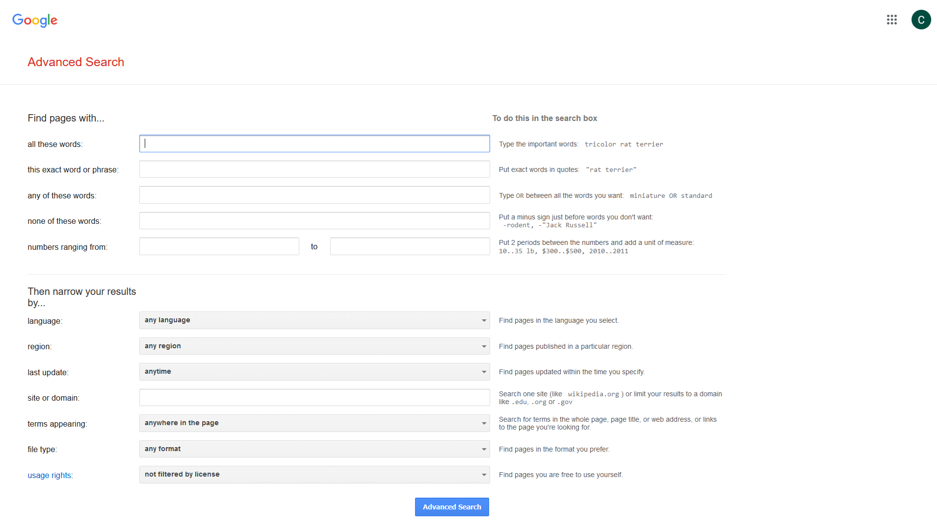 advanced search settings