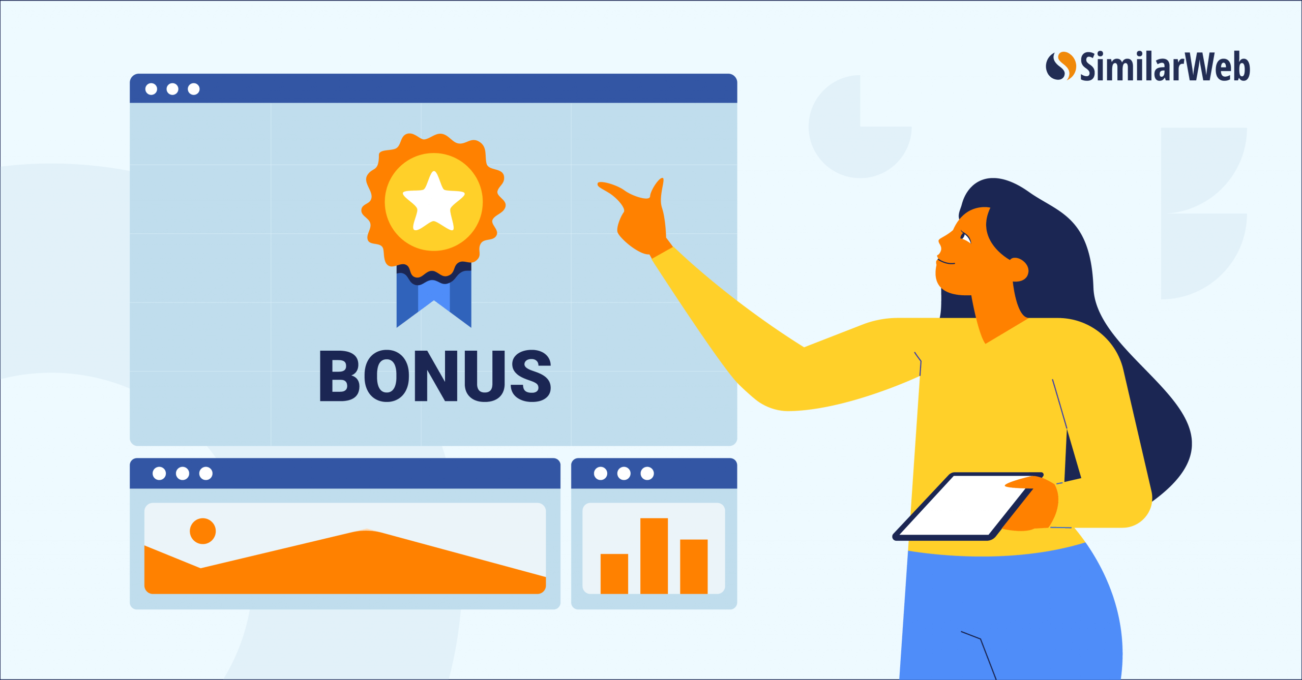 Illustration of a woman with an ipad in her hand pointing at a bonus sign