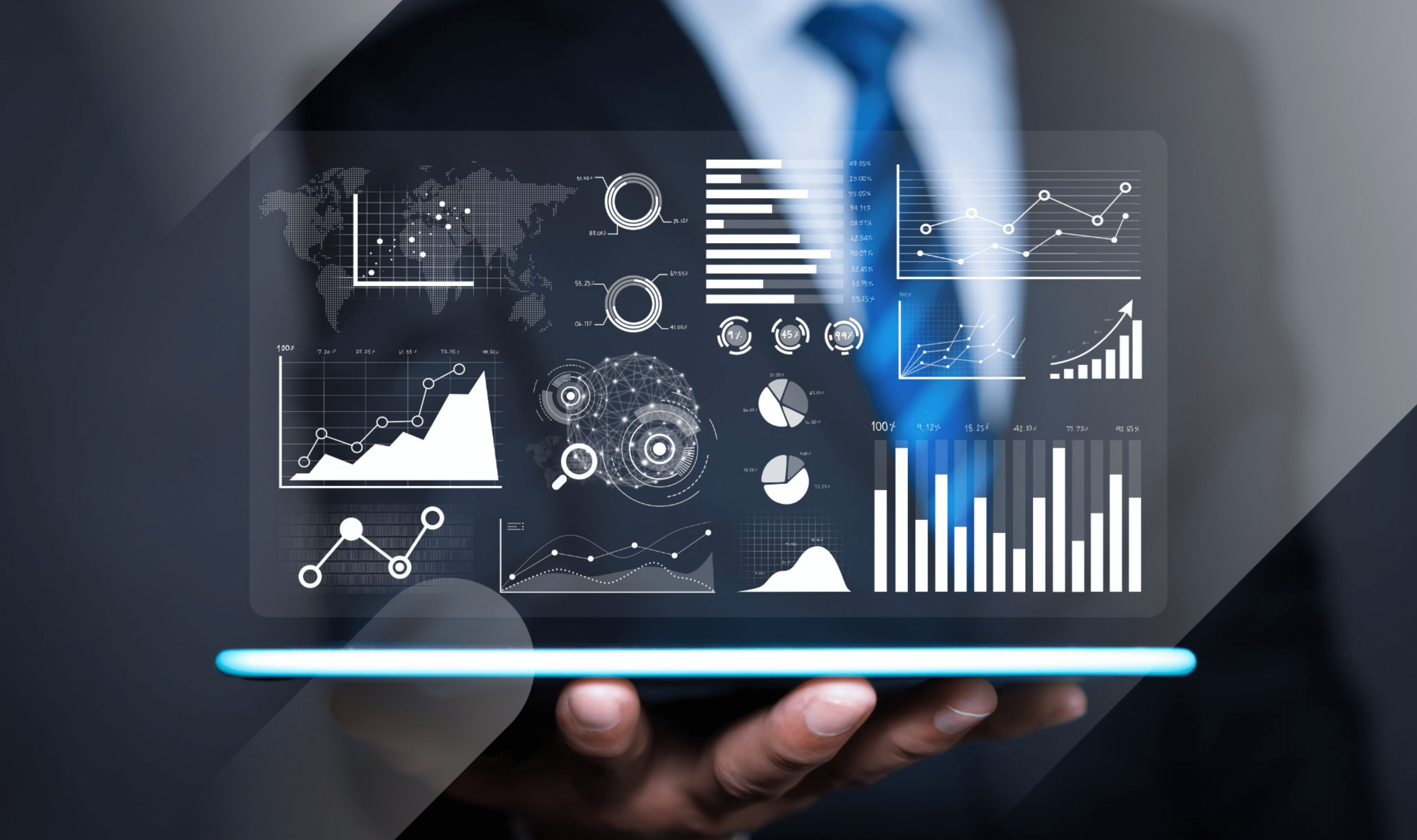 Analytics on a transparent screen held by a man in a suit Digital Marketing Metrics