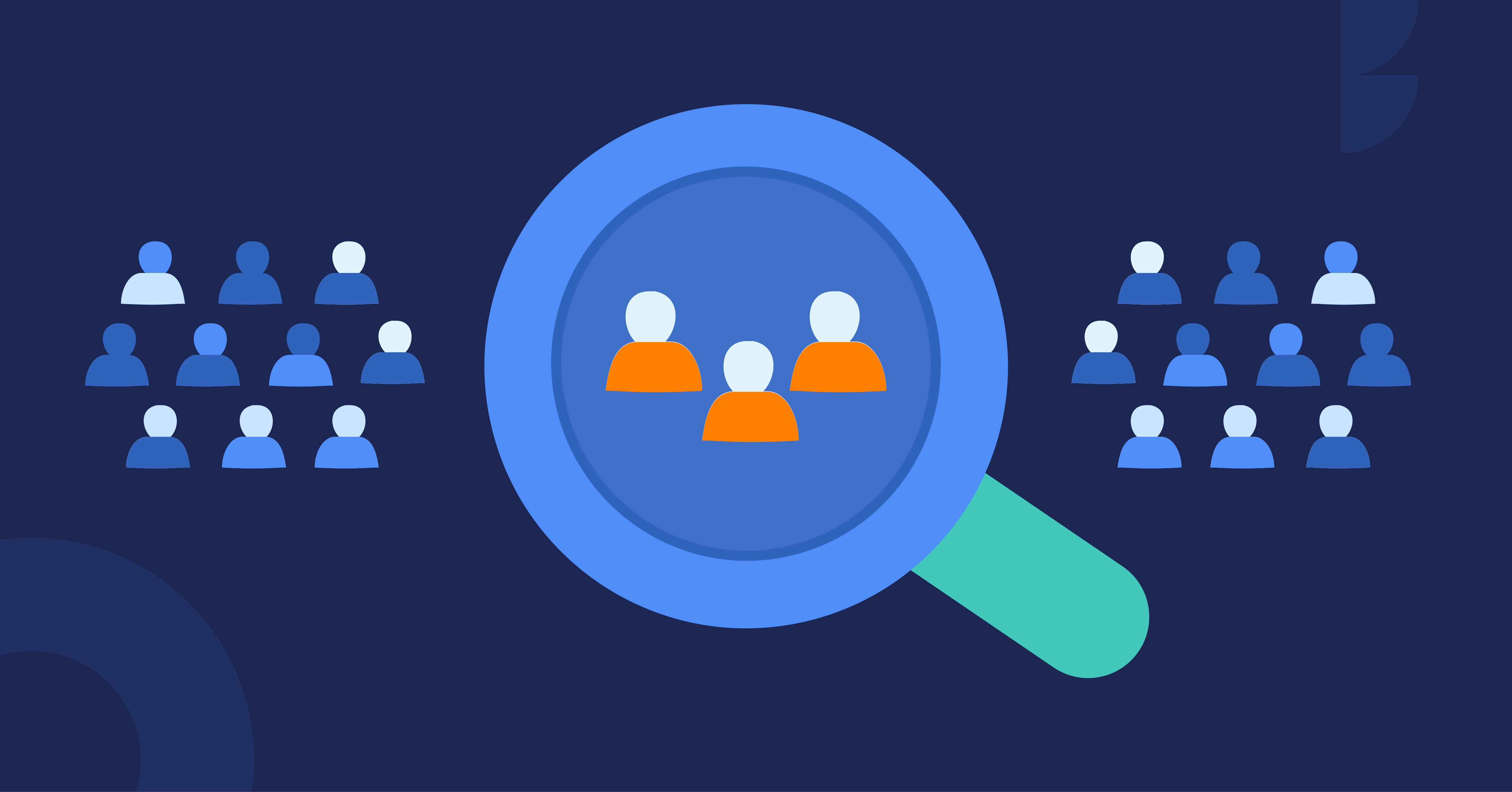 illustration of magnifying glass looking closely at people and other people around it epresenting buyer personas and target audience