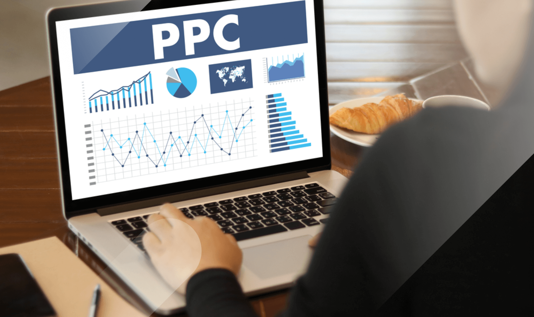 What is PPC image, woman on laptop with PPC and graphs on the screen