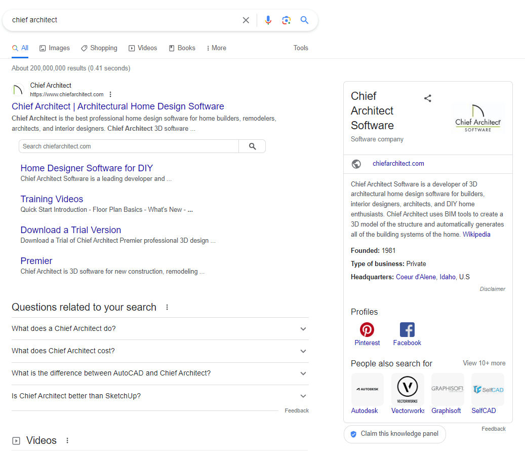Google SERP showing results for the query 'chief architect'