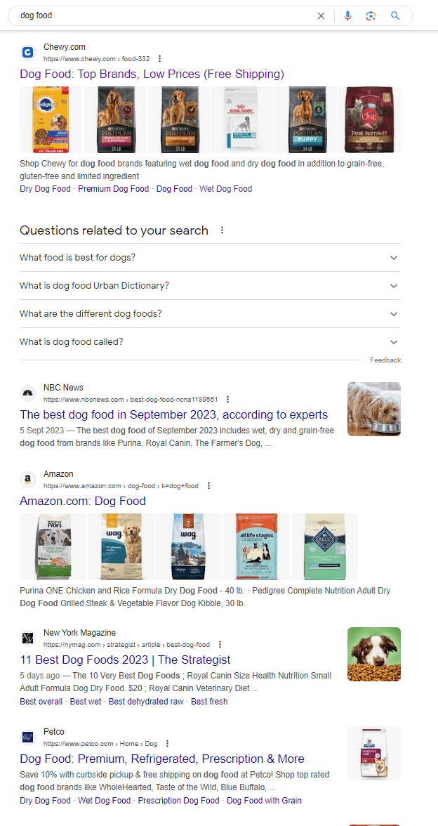 Google SERP for the search query 'dog food'
