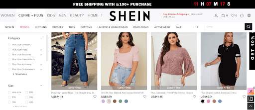 Shein's website shows fashion for all sizes