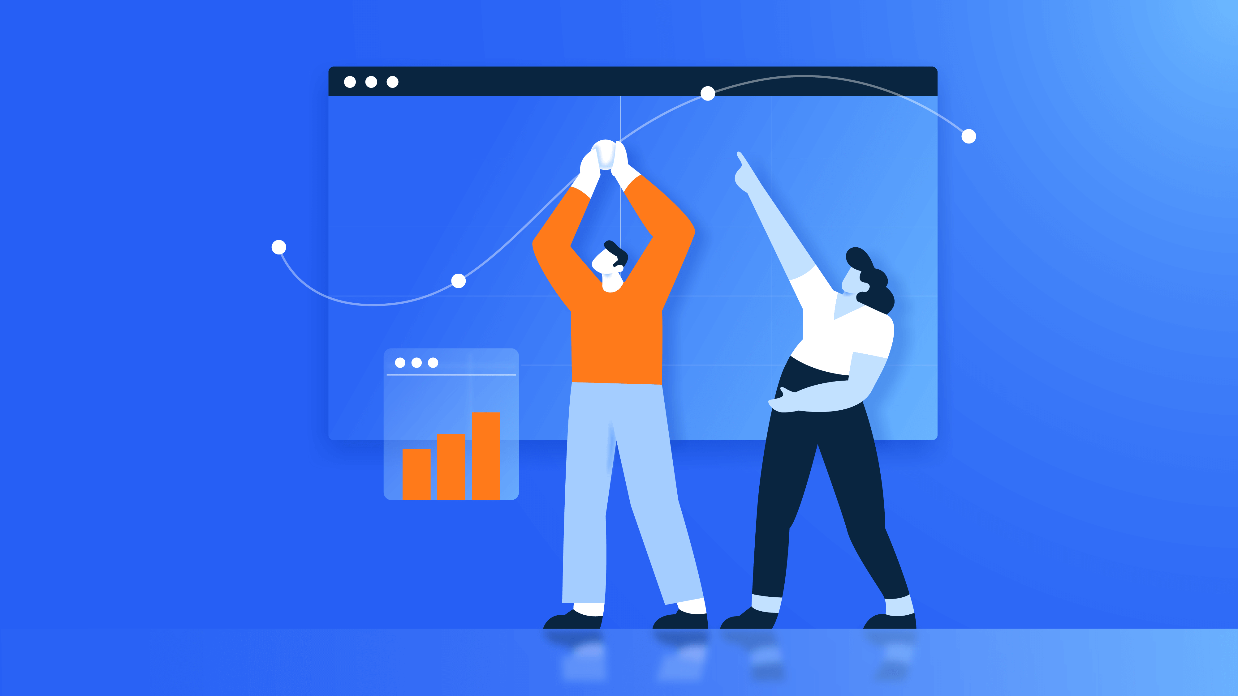 Illustration of man and woman measuring impact of PPC Strategy with line and bar graphs on a browser page