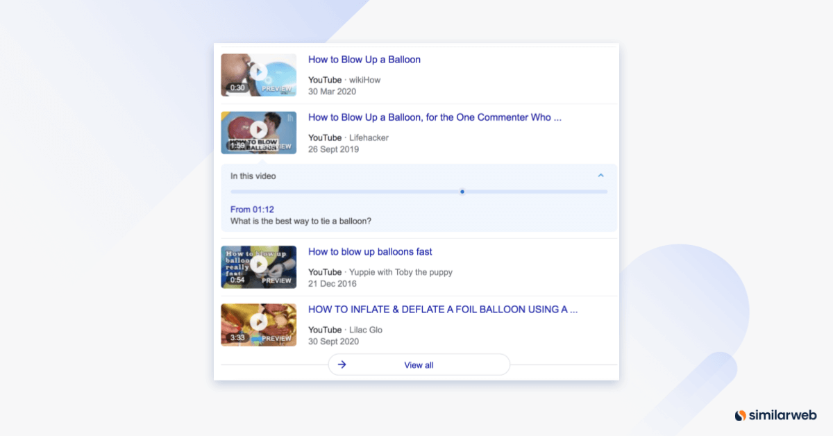An image showing the page schema and related video content for the term “how to blow up a balloon”.