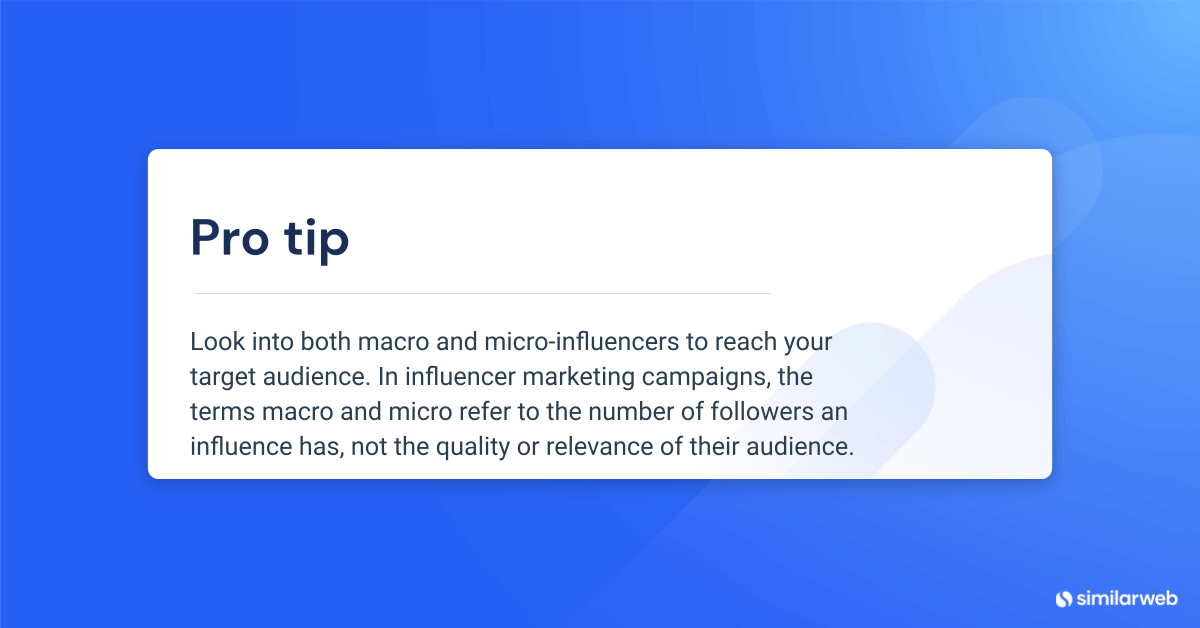 Pro tip: Look into both macro and micro-influencers to reach your target audience. In influencer marketing campaigns, the terms macro and micro refer to the number of followers an influence has, not the quality or relevance of their audience.