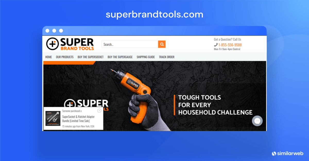 Pop-up on superbrandtools.com about a purchase in real time.
