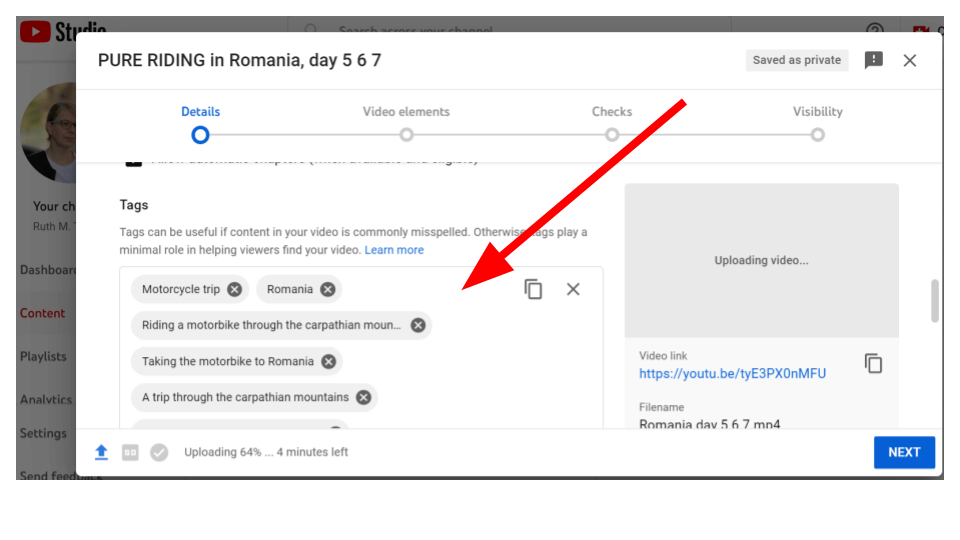 Adding tags when uploading a video to YouTube