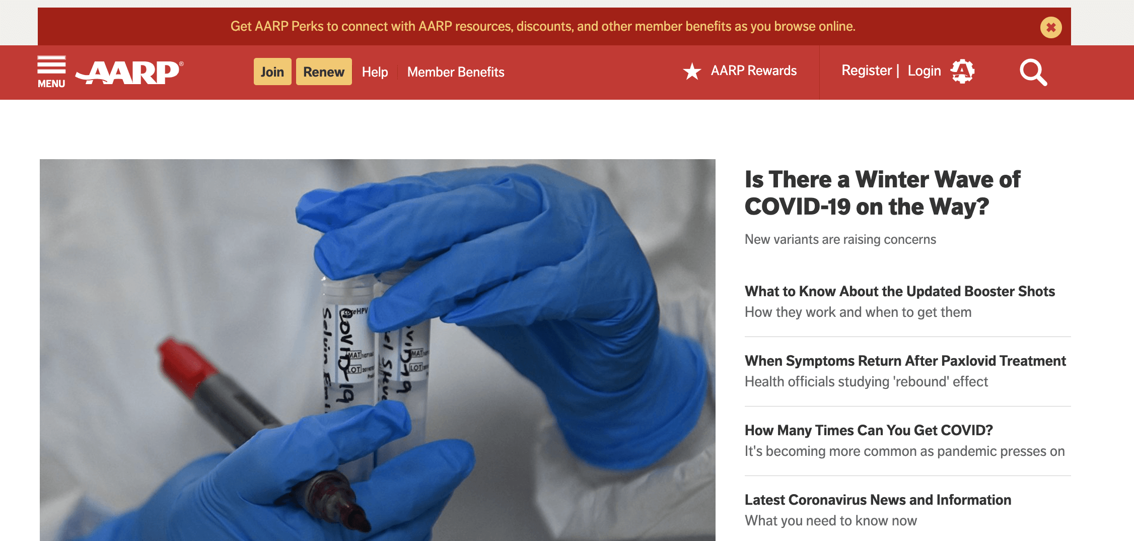 Screenshot of AARP homepage with Covid article