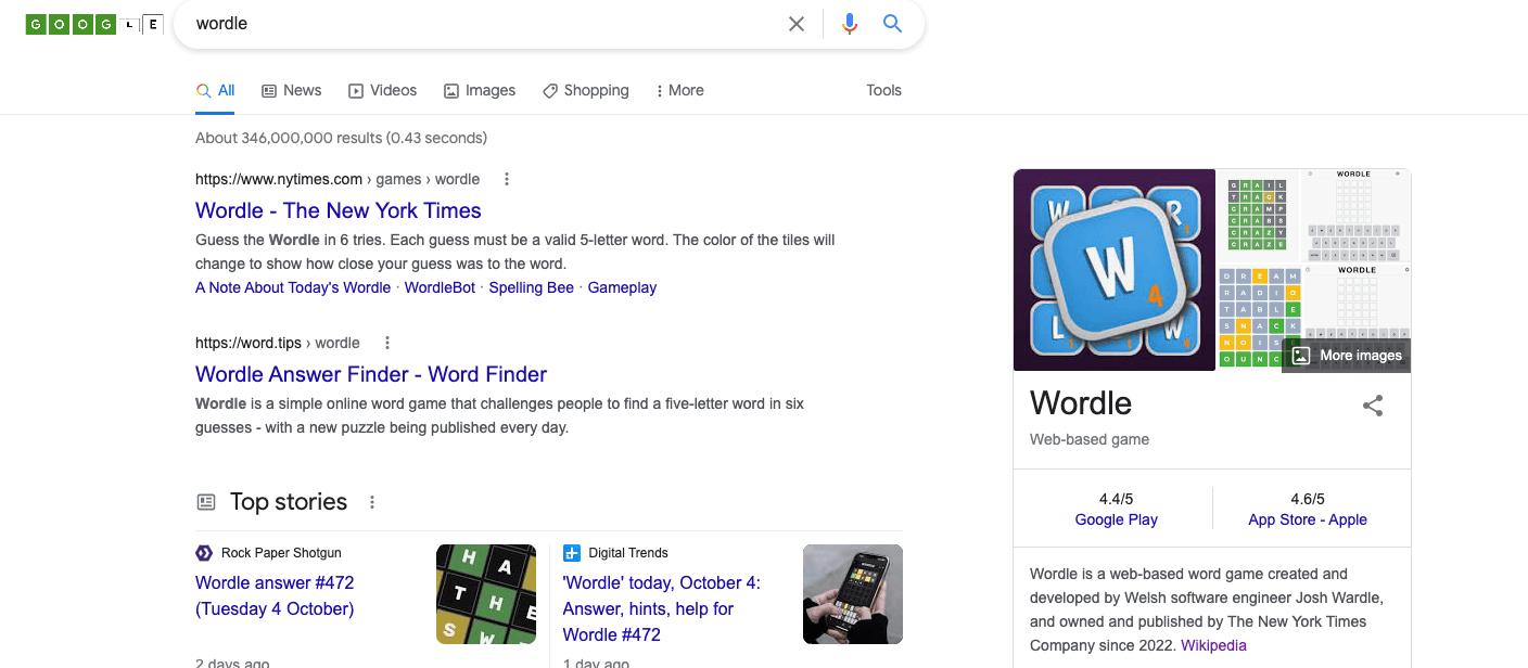 Screenshot of SERP for the keyword ‘wordle’