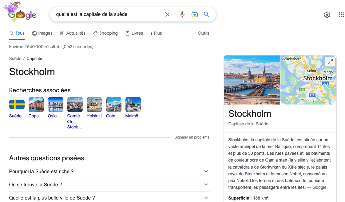 Screenshot du SERP pour "capitale de la Suède"