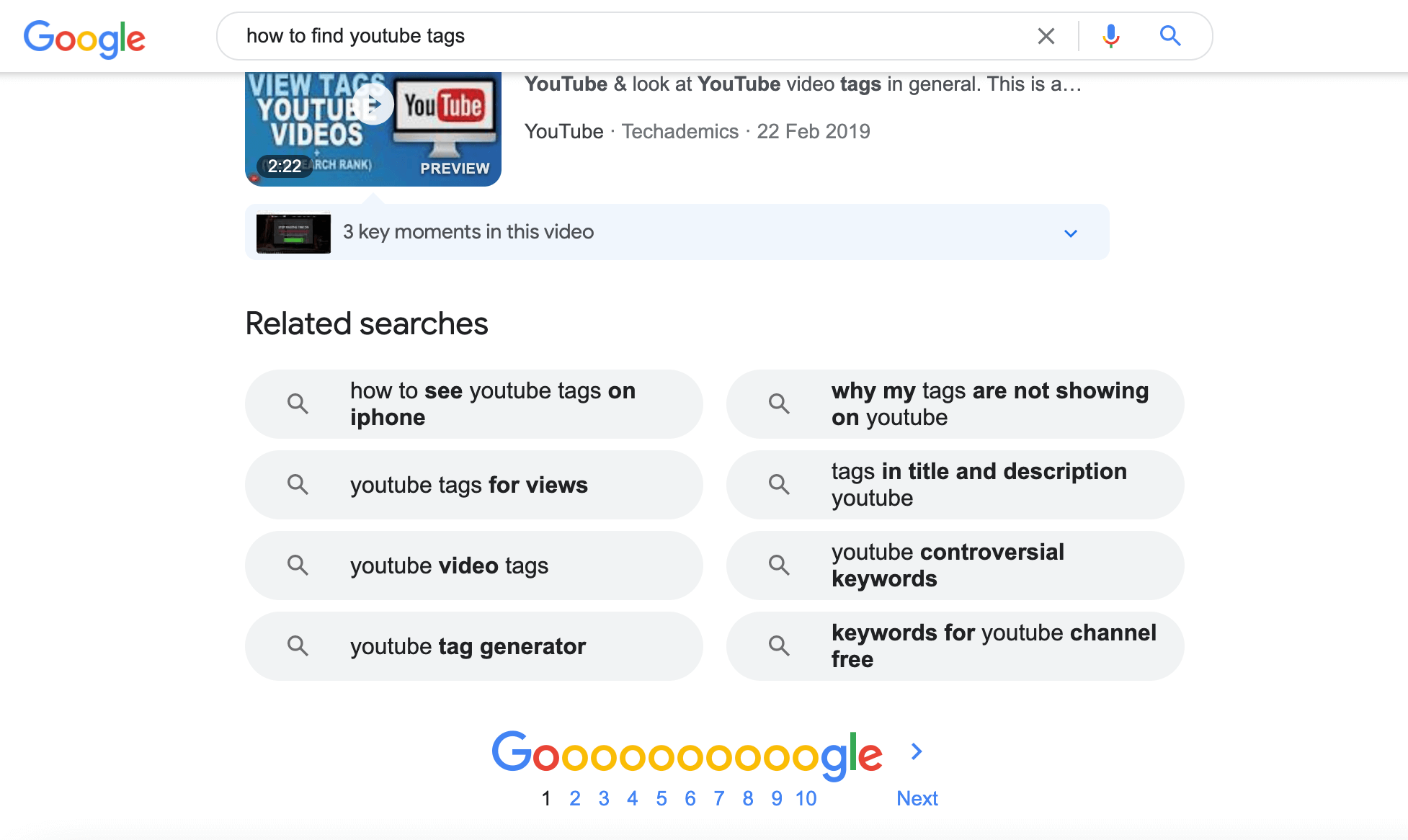 Screenshot of Google video SERP with related searches