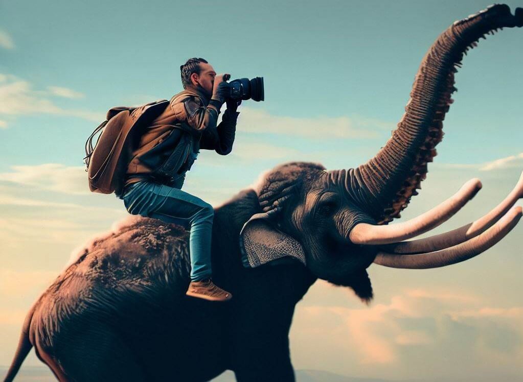 photographer riding a mastodon
