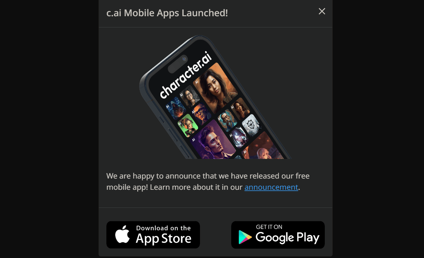 Character AI promotes its mobile apps