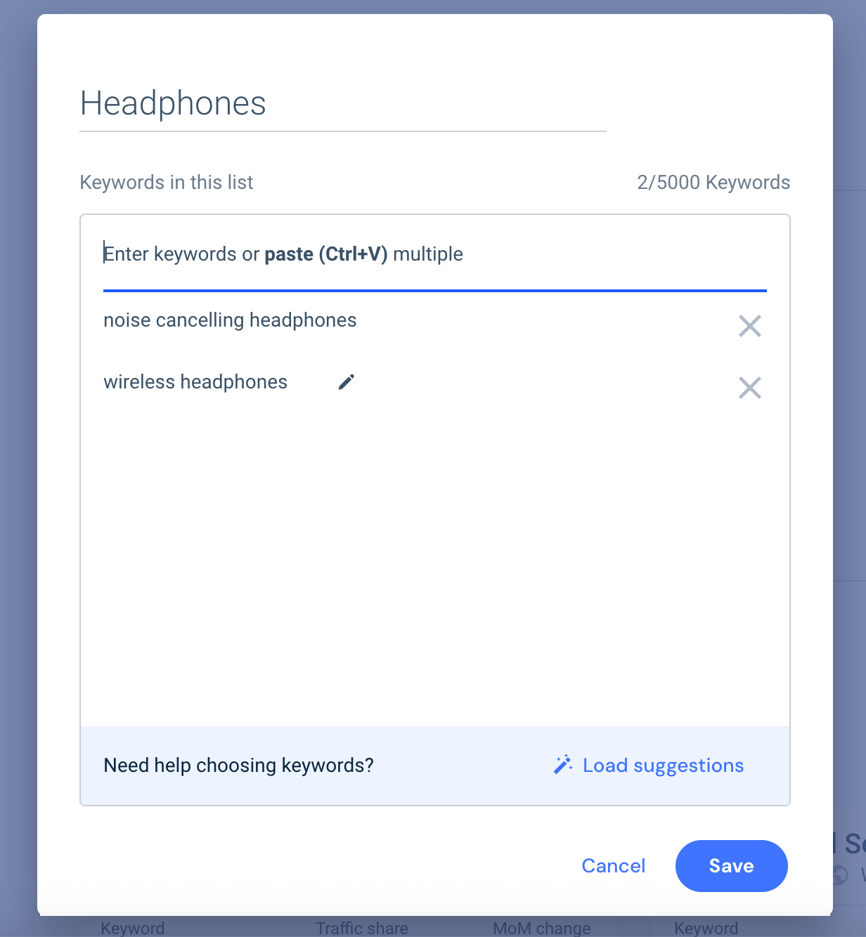 How to add a keyword list in Similarweb