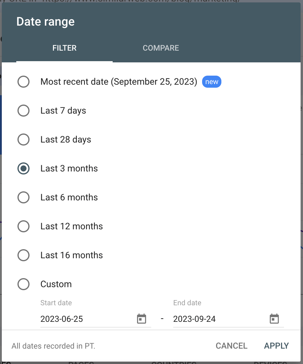Google Search Console date range
