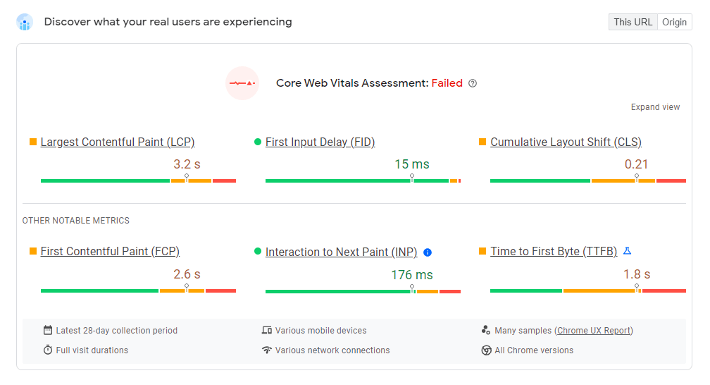 Core Web Vitals report in Google PageSpeed Insights