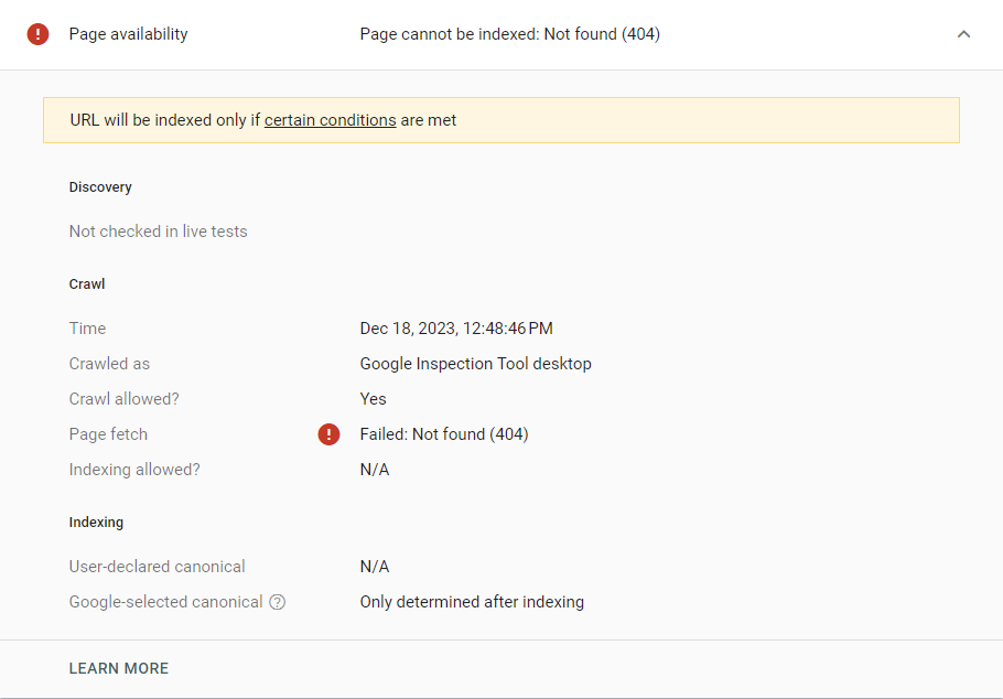 Google Search Console giving stats about a URL