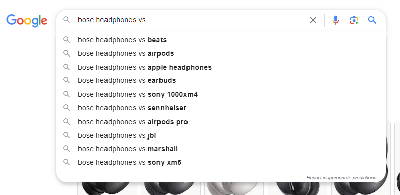 Google's Autosuggest for Bose headphones vs…
