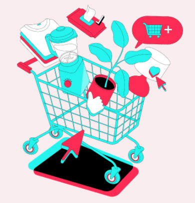 Illustration of a shopping cart with numerous items being added to it.