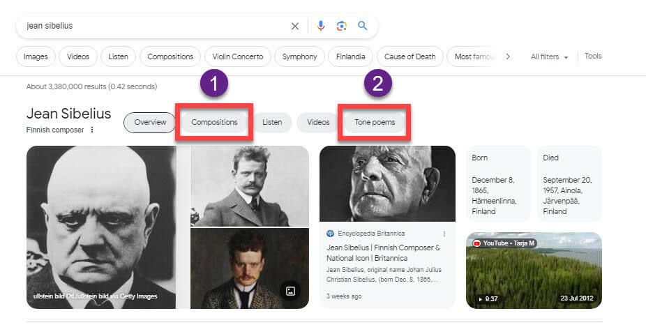 Google SERP for Sibelius entity