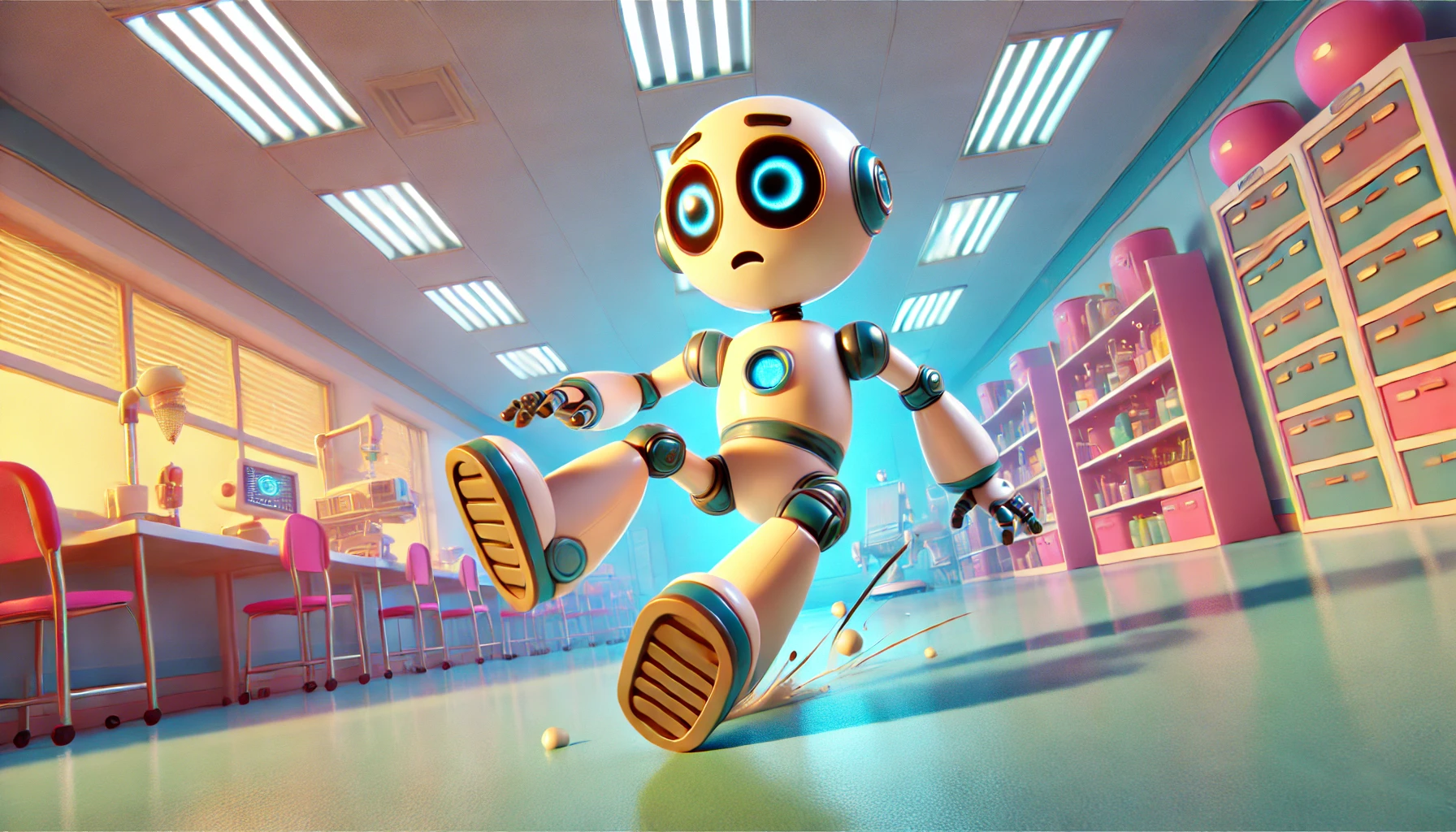DALL·E 2024-08-09 13.52.19 - A wide-angle cartoon-style scene of a robot experiencing a minor stumble but quickly recovering. The robot has a playful, animated design with exagger
