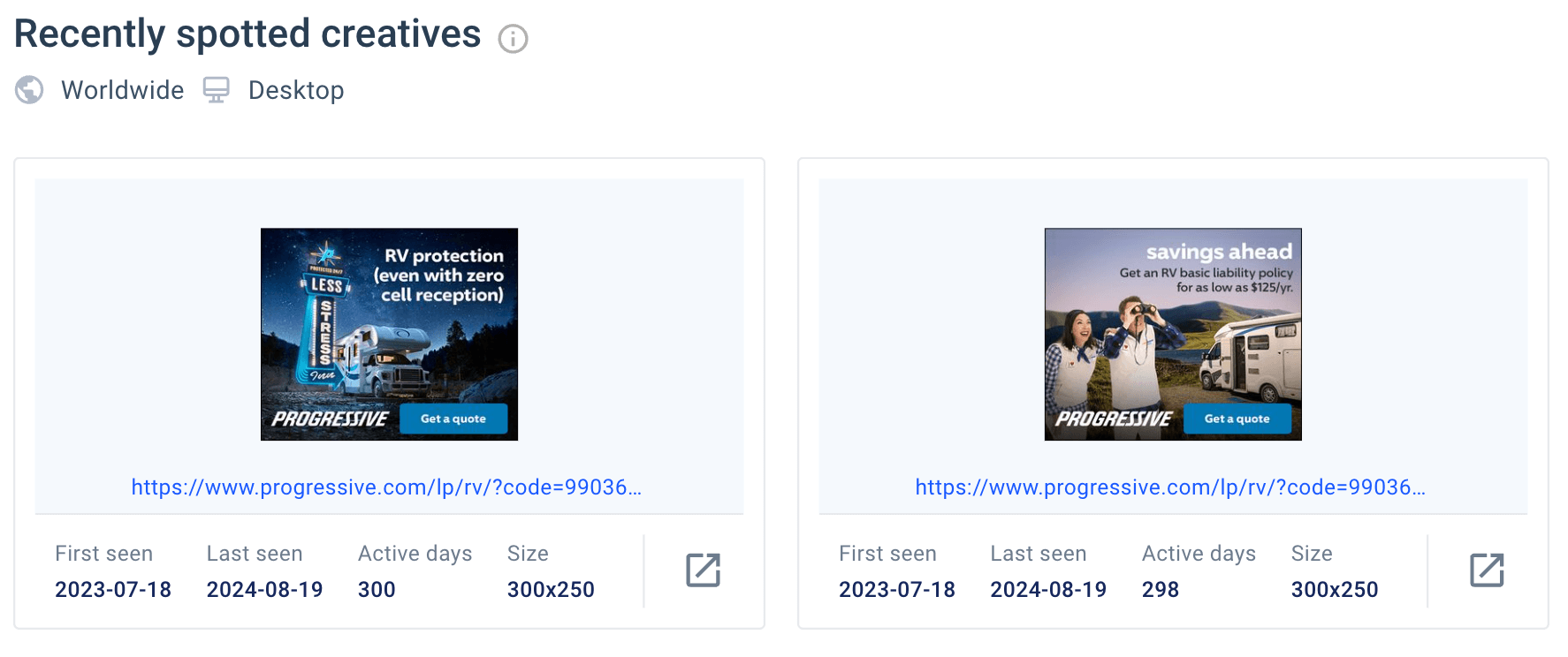 Image showing two of Progressive Insurance's recent display ads creative.