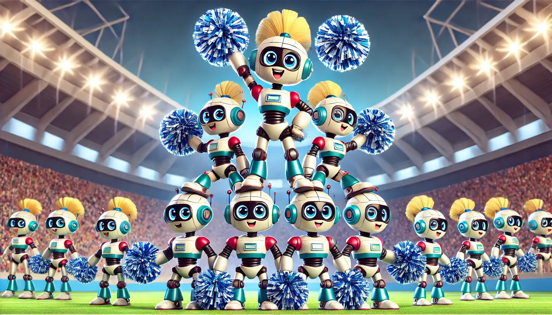 DALL·E 2024-10-15 16.26.14 - Cartoon illustration of robot cheerleaders forming a pyramid, with the robots at the bottom lifting the smaller number of robots on top. The cheerlead