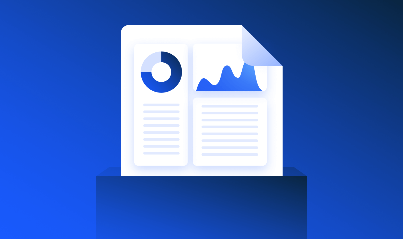 Illustration of a pie chart, a mountain chart, and lines of copy