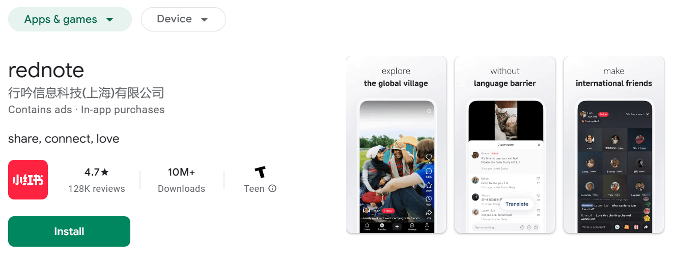 RedNote's listing on Google Play