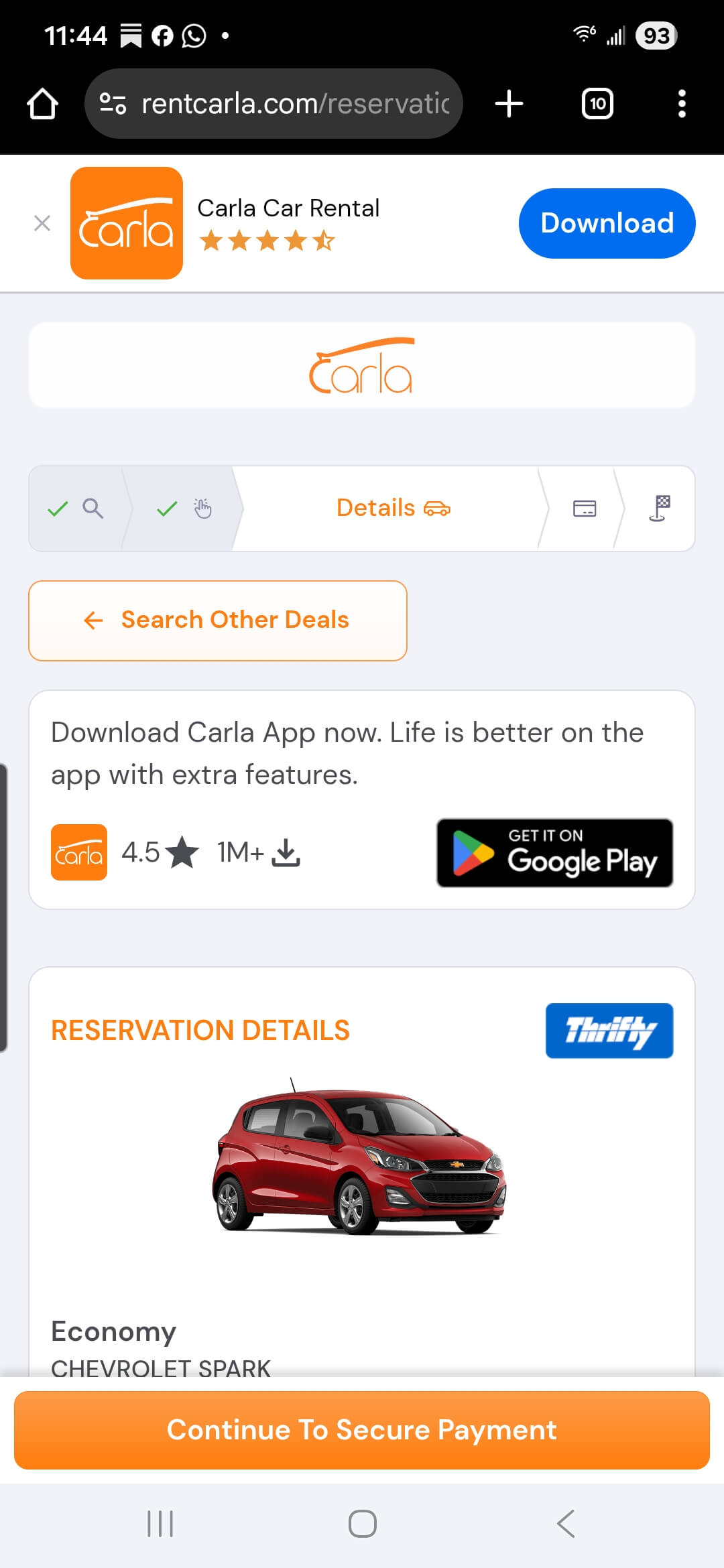 How the Carla mobile website promotes downloads of the mobile app.