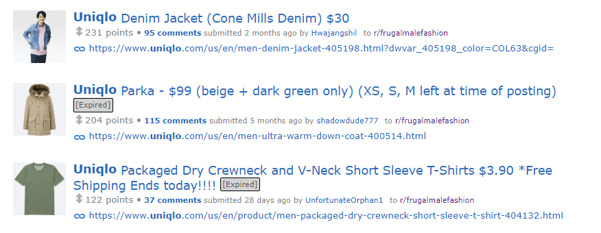 Liens vers Uniqlo à partir d’un unique subreddit