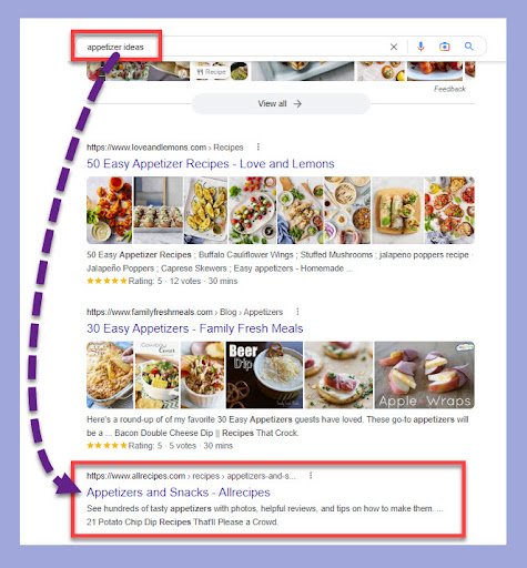Appertizer ideas Google SERP