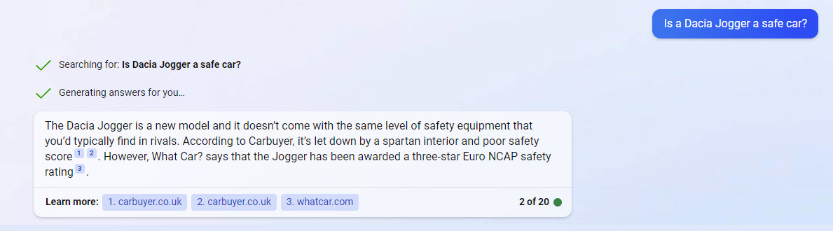 Bing Chat answering a product review query