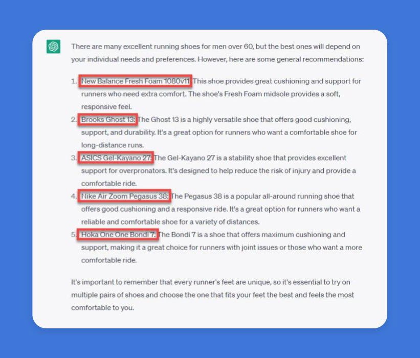 ChatGPT results for a product query