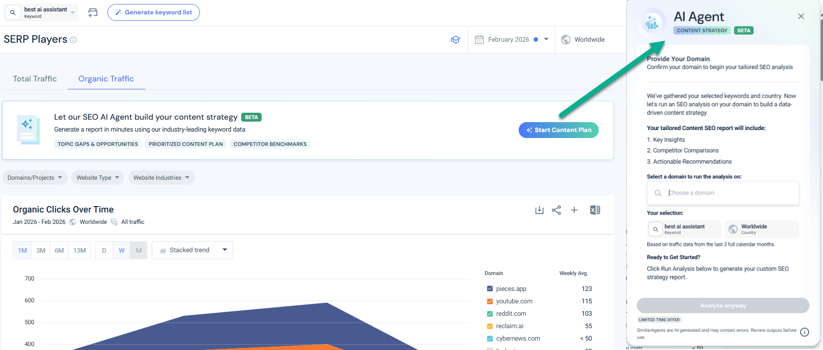 Using Similarweb AI agent for keyword research