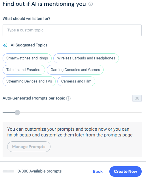 AI visibility campaign setup and topic selection
