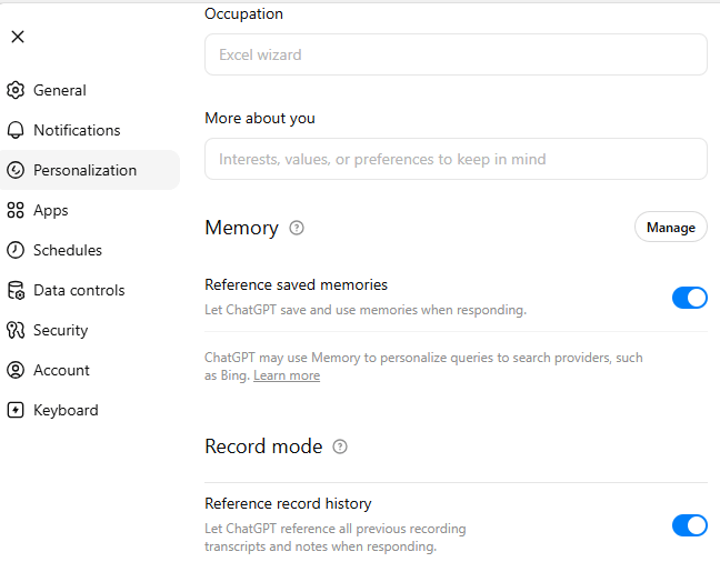 ChatGPT memory settings