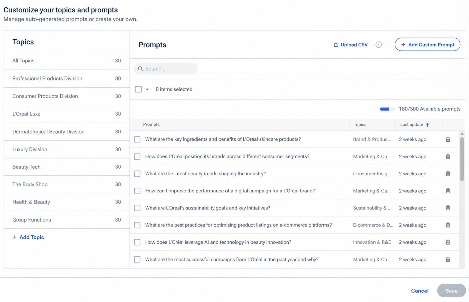 Edit prompts and topics