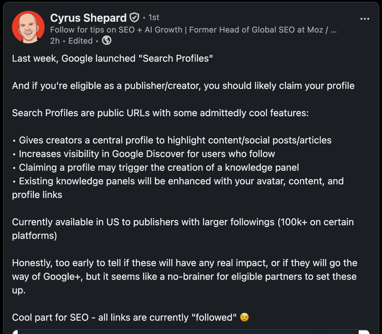 Cyrus Shepard's Linkedin post