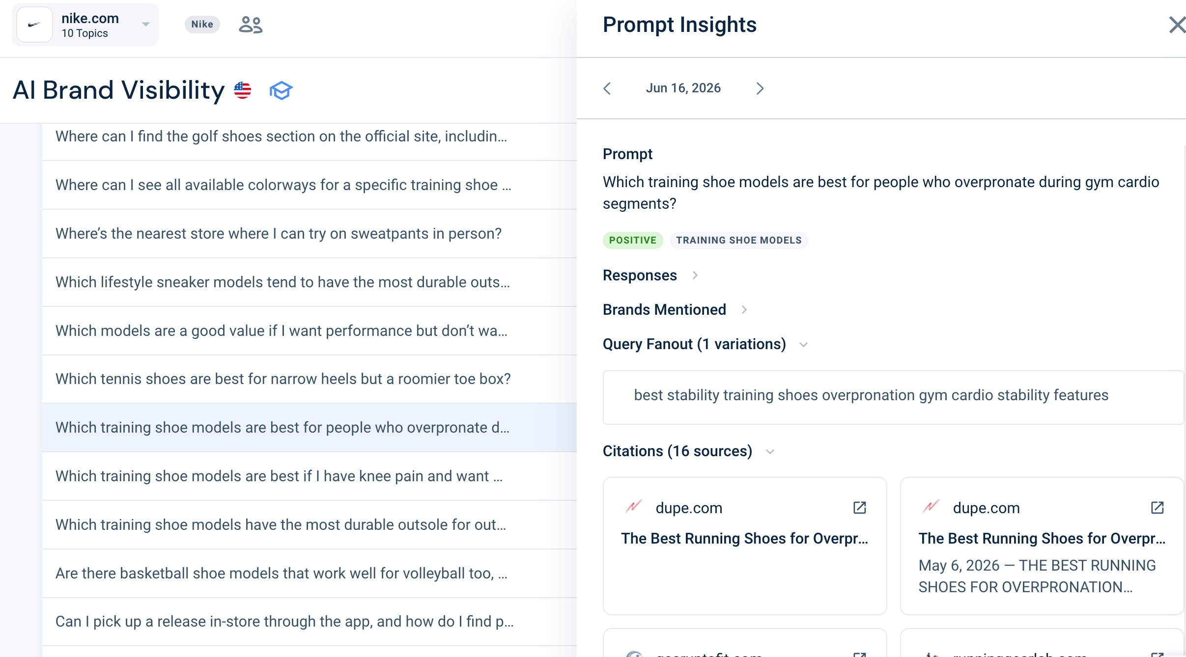 Example for Nike's positive sentiment on tracked prompts from Similarweb's AI Search Intelligence
