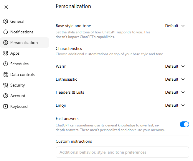 personalize how chatgpt talks and add custom instructions