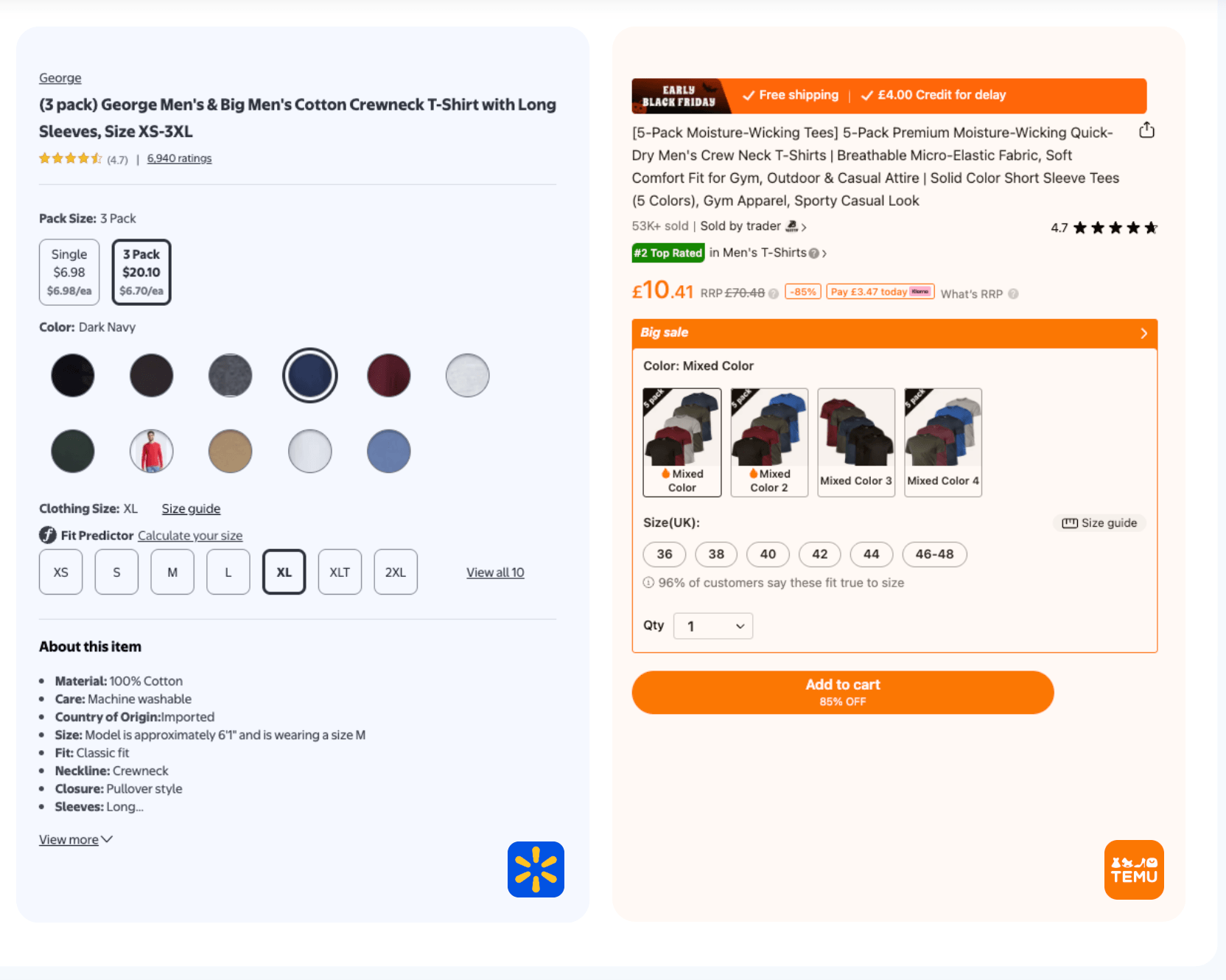 Walmart vs Temu product pages