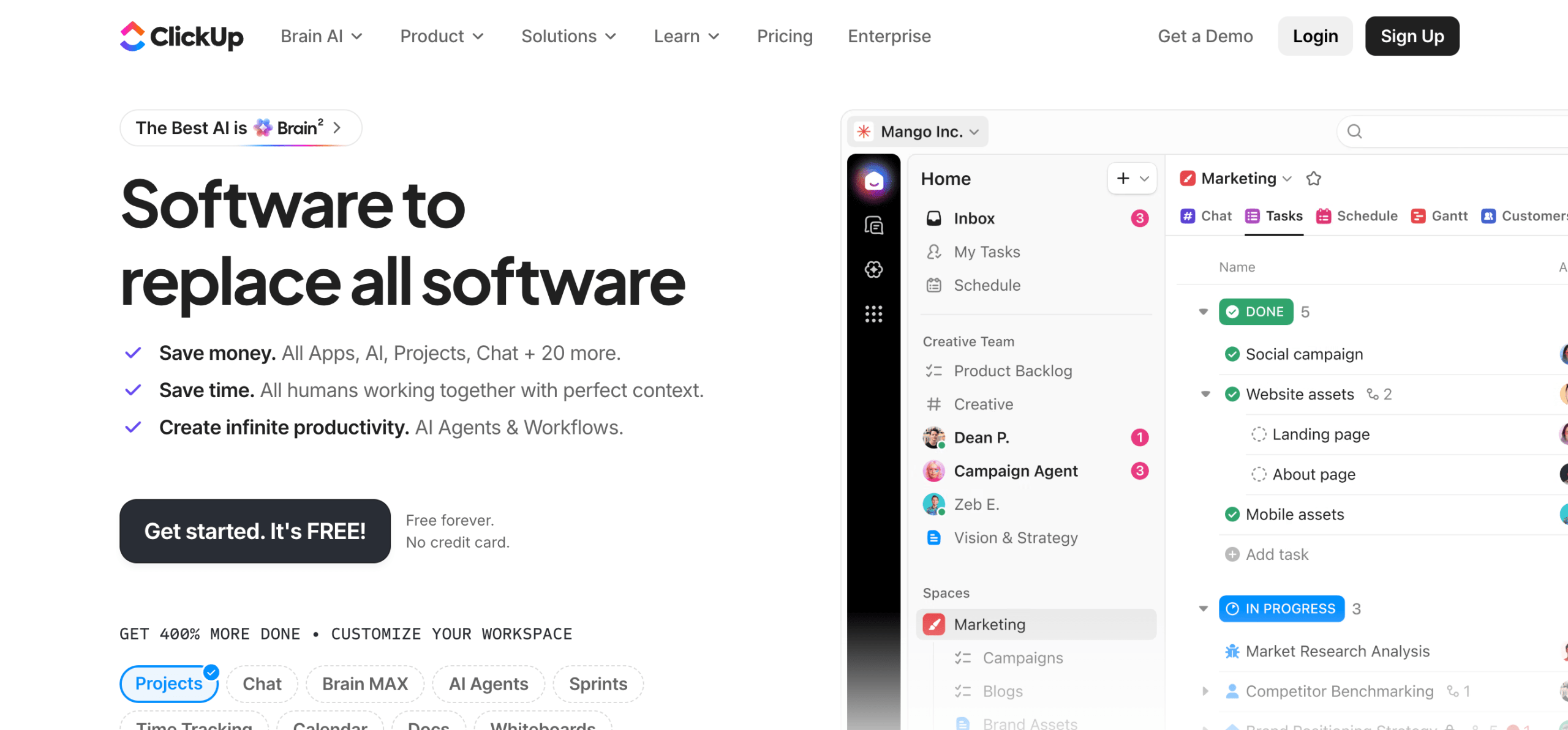 Multiple CTAs on Clickup's homepage
